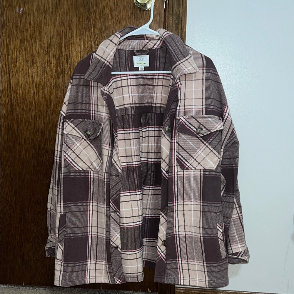 Aerie Plaid Shirt Jacket in Brown and Pink
